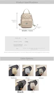 Detailed dimension guide and color chart for mini quilted chain strap backpack