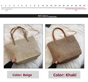 Détail de sacs cabas tissés en beige et kaki avec poignées en cuir pour l'été