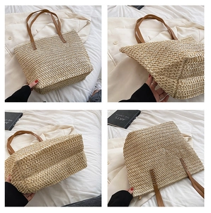 Détails du sac seau en paille tressée avec poignées en cuir marron sous quatre angles différents