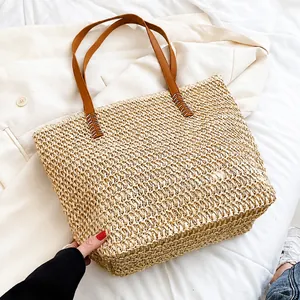 Détail du sac cabas beige tressé avec poignées en cuir marron et coutures robustes de luxe