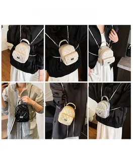 Quilted mini backpack with chain straps in white, black, beige, and silver colors