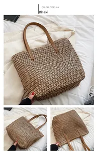 Détails du sac fourre-tout tissé kaki montrant le tressage fin et les anses en cuir marron