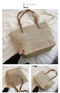 Vues détaillées du sac seau en paille tressée beige avec anses en cuir marron et coutures renforcées