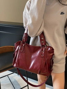 Vintage large capacity dark red tote bag with double handles and adjustable crossbody strap