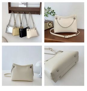 Détails du sac seau élégant avec bandoulière chaîne et rivets métalliques de protection