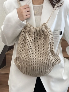 Women Fashion Hollow Out Woven Backpack Cotton Linen Drawstring Bucket Bag Lightweight Crochet Travel Bag For Women