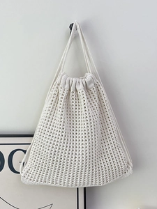 Minimalist white knit mesh drawstring backpack with hollow texture and rope straps