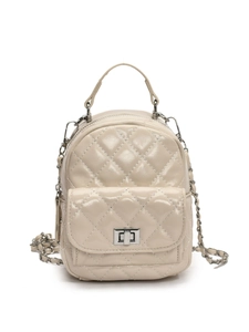 Chic cream patent leather quilted backpack with metal chain straps on white background