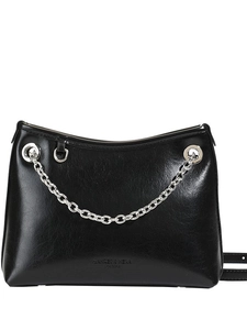 Sac seau en cuir noir brillant avec chaîne argentée et bandoulière réglable chic