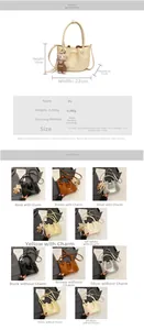 Detailed chart showing bucket bag dimensions and five color options in synthetic PU leather