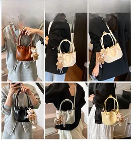 Collage of chic bucket bags with cloud-shaped pleats and cute teddy bear charms