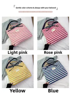 Detail showing four color options of striped canvas tote bags with See You woven label