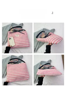 Detailed views of the pink and white striped canvas tote bag showing the front and base
