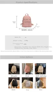 Detailed size specifications and six color variants of the casual PU leather backpack
