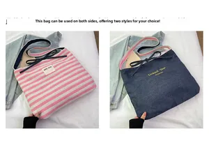 Detail of reversible tote bag showing pink stripes and blue denim sides with straps