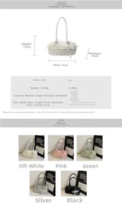 Detailed size specifications and five color variants of the pleated underarm bag