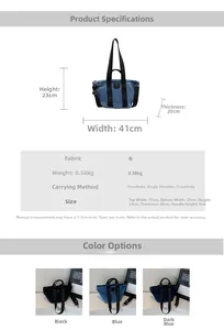 Tableau des tailles pour grand sac cabas en denim avec dimensions et options de couleurs