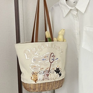 Borsa Tote da Donna Casual in Tela Intrecciata Patchwork Grande Capacità Carino Cartone Animato Gatto Floreale Borsa a Tracolla in Paglia