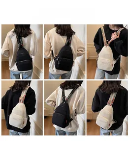 Multi-angle view of mini nylon chest bag with ethnic pattern strap on a model
