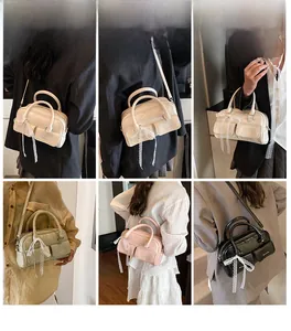 Collage of model wearing oil wax leather bowling bags in five pastel colors