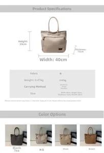 Detailed size guide and specifications for the large capacity canvas tote bag with dimensions