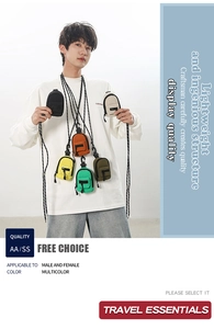 Mini backpack-style neck wallets in multi-colors worn by male model for travel use