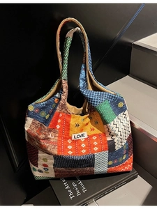 Dames Retro Patchwork Canvas Tote Tas Grote Capaciteit Etnische Stijl Gestreept Schoudertas Met Love Patch Voor Dagelijks Vakantie