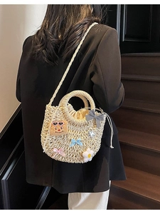 Petit Sac Seau en Paille Tissé à la Main pour Femme Avec Décor d'Ours en Peluche et Nœud Sac à Bandoulière de Plage Mode