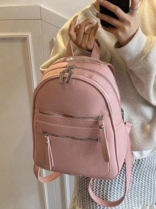 Pink pebble grain synthetic leather backpack with multiple zipper pockets for daily use