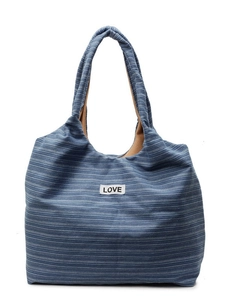 Retro canvas draagtas met blauwe strepen en LOVE-patch voor casual strandvakantie