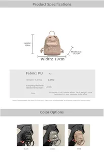 Detaillierte Maßtabelle und Farbauswahl für gesteppten Mini-Rucksack mit Herzmuster