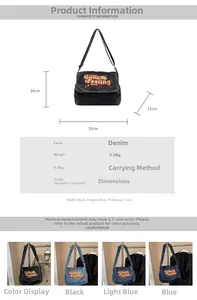 Size guide for denim tote bag showing dimensions 30x24x12cm and four color options