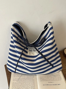 Large Capacity Striped Canvas Tote Bag Reversible Shoulder Bag With Bow Decoration For Women Casual Daily Travel