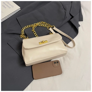 Detailed macro view of the cream leather texture and gold metal clasp of the square bag