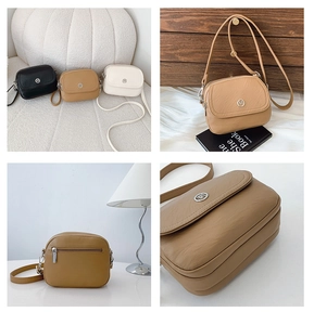 Detail of compact PU leather square bags showing multi-layer structure and rear zipper pocket