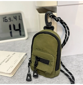 Army green mini backpack pouch with buckle and rope for earphones or key storage