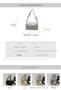 Detailed dimension chart and multi-color views of the large capacity nylon crossbody bag
