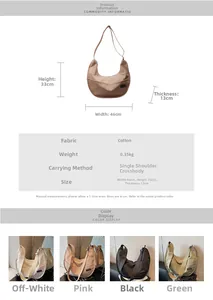 Size chart showing large crossbody crescent bag dimensions 46x33x13cm in fabric material