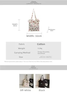 Detailed view of cherry print tote bag with ruffle trim and specific size dimensions