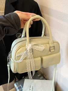 Women Korean Fashion PU Leather Small Boston Bag With Sweet Lace Bow Solid Color Shoulder Crossbody Handbag Daily Top Handle Bag