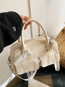 Chic cream white PU leather handbag with lace ribbon and dual front pockets for women