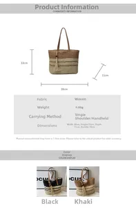 Detailed size chart showing dimensions of the vintage woven tassel shoulder tote bag