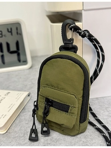 Mini army green tactical backpack keychain pouch with dual zippers and hanging hook