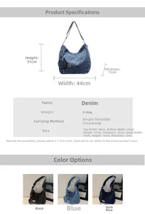 Specifiche dettagliate delle dimensioni di una grande borsa tote in denim con colori