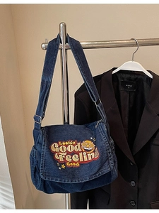 Deep blue denim tote bag with retro Lookin' Good embroidery and large capacity style