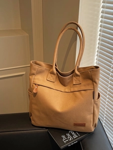 Women Large Capacity Canvas Tote Bag Student Commute Solid Color Shoulder Bag With Front Zipper Pocket And Side Pockets