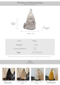 Detailed size chart and multi-color selection for this nylon casual crossbody bag