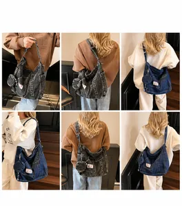 Detail showing denim tote bag with external pockets and round coin purse attachment