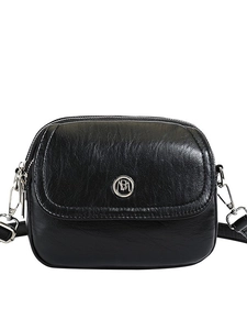 Classic black crossbody square bag in oil wax texture with silver logo and white background
