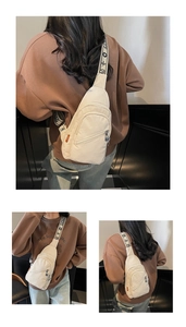 Three-way view of a beige canvas chest bag featuring dual zippers and branded webbing strap